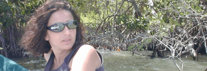 Professor Paytan on a boat observing mangroves.