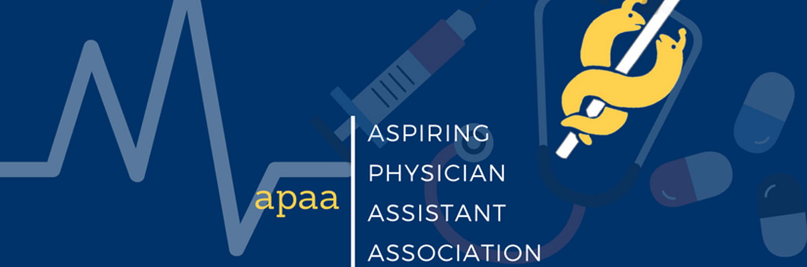 Drawings of entwined banana slugs and medication next to text "Aspiring Physician Assistant Association (APAA)"