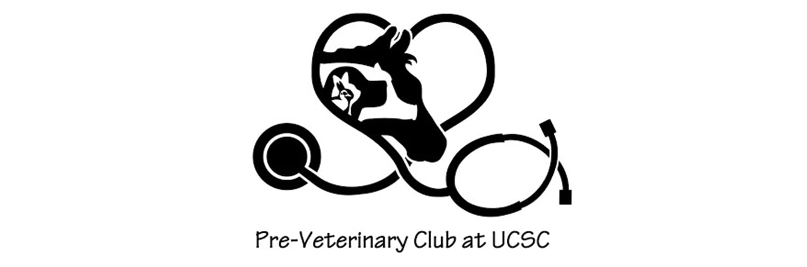 Banner shows a black-and-white graphic of animals surrounded by a heart-shaped stethoscope. Text reads "Pre-Veterinary Club at UCSC"