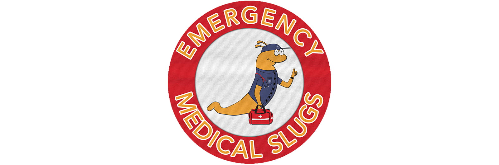 A drawing of a banana slug dressed as an EMT with text that reads "Emergency Medical Slugs"
