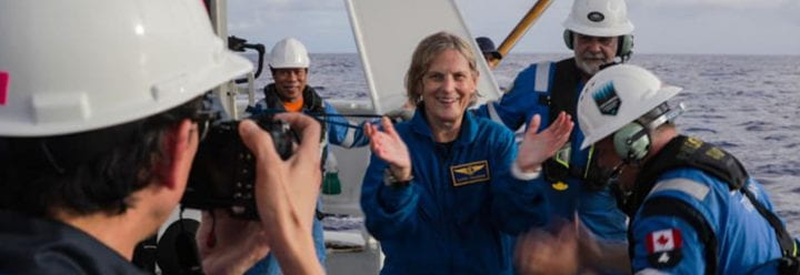 On June 7, the Alumna Kathy Sullivan visited Challenger Deep, which sits 10,928 meters (35,853 feet) deep in the western Pacific Ocean, as part of the Ring of Fire Expedition organized by bespoke adventure company EYOS Expeditions and undersea technology specialist Caladan Oceanic. (credit Enrique Alvarez/EYOS Expeditions)