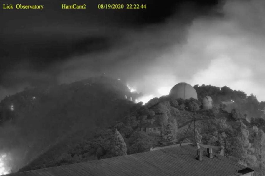 Fires burned around Lick Observatory Wednesday night, as seen in this image from the Mt. Hamilton webcam. (Credit: Lick Observatory)